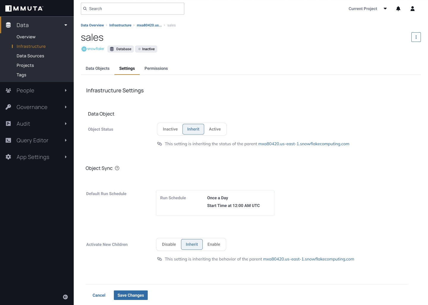 Database-level infrastructure settings for object status, sync, and child activation
