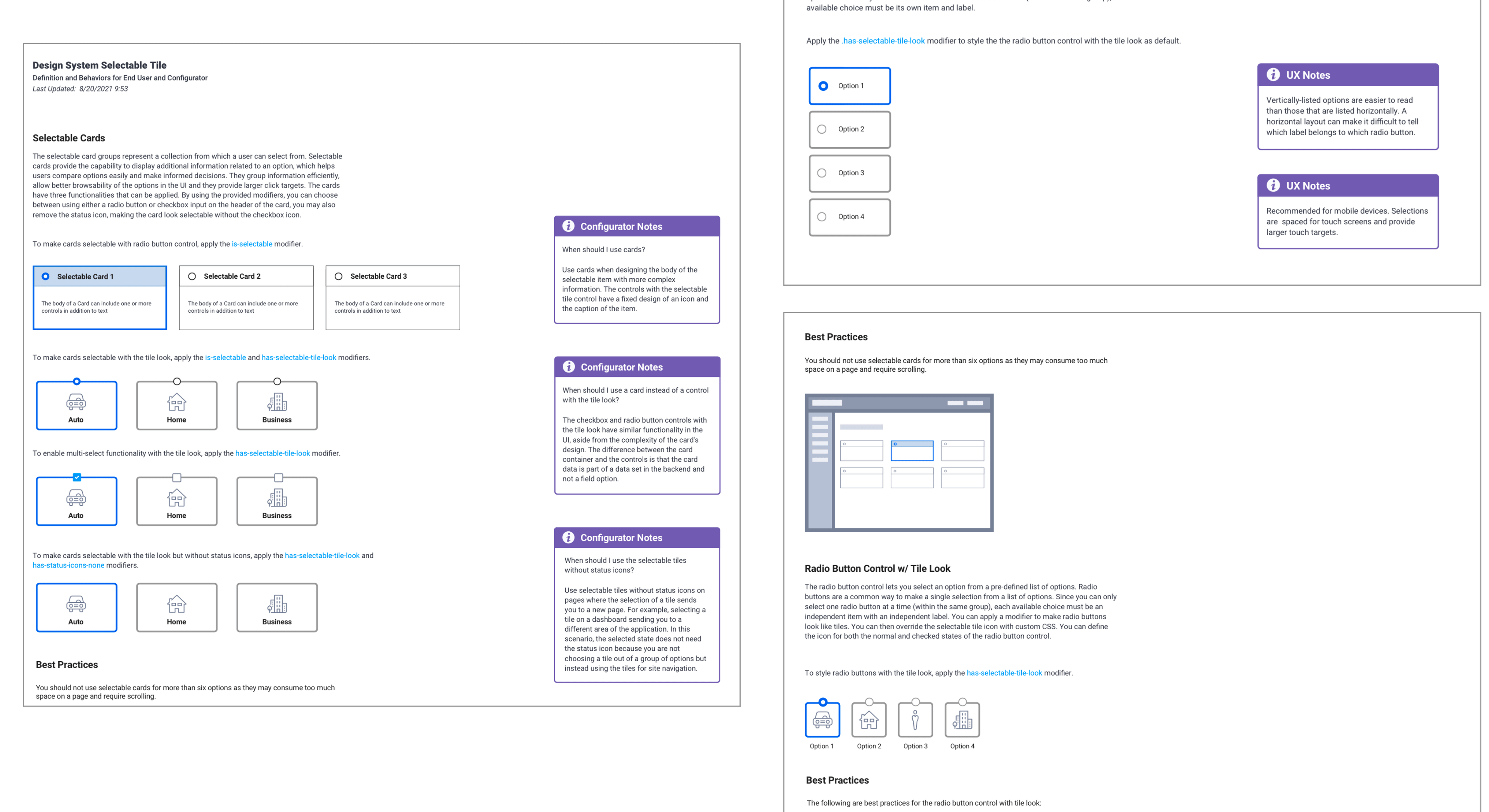 Design system documentation for selectable tiles covering cards, tiles, configurator notes, and best practices