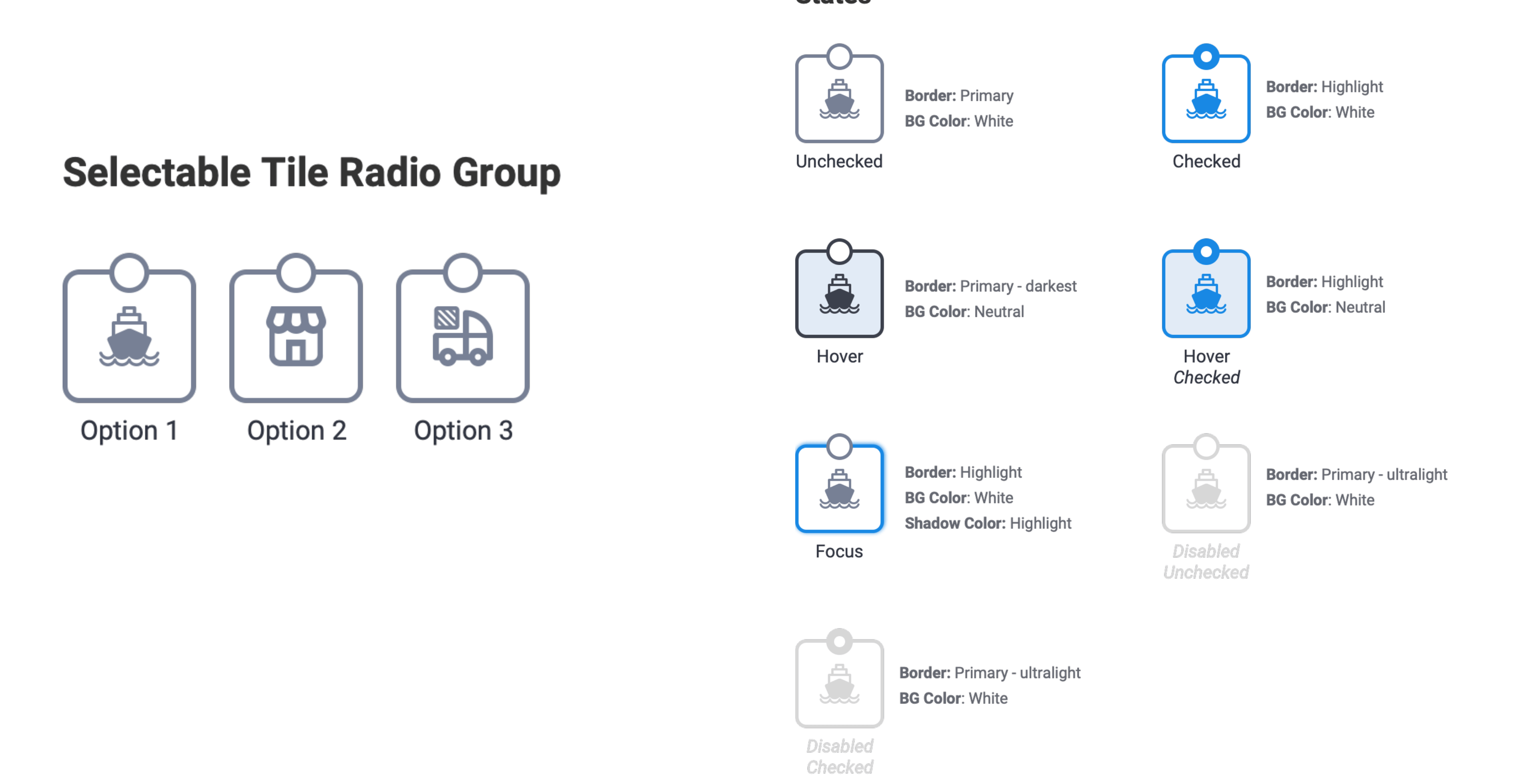 Selectable Tile radio group with full state specifications for unchecked, checked, hover, focus, and disabled