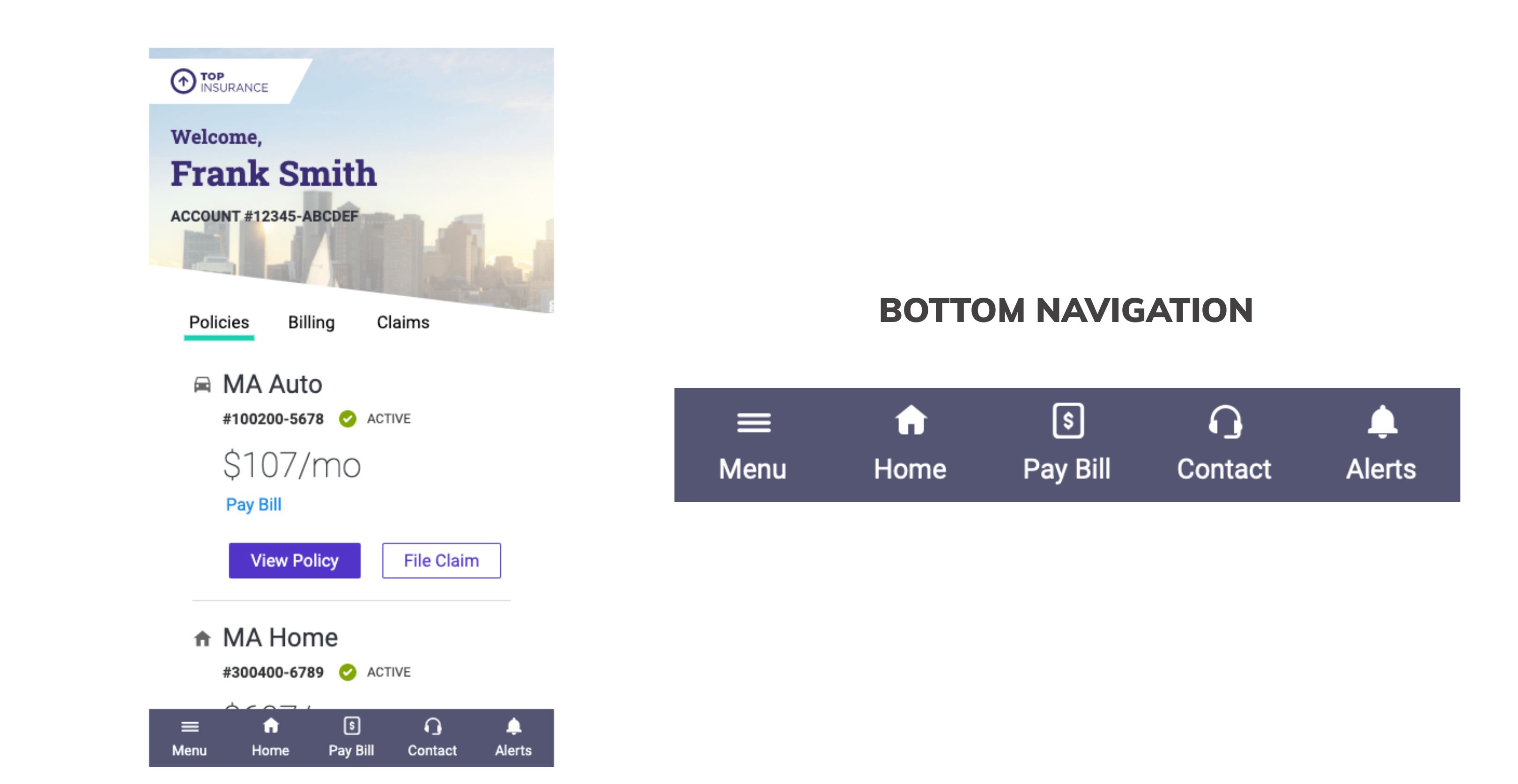 Wireframes introducing a new Bottom Navigation component alongside a product screen