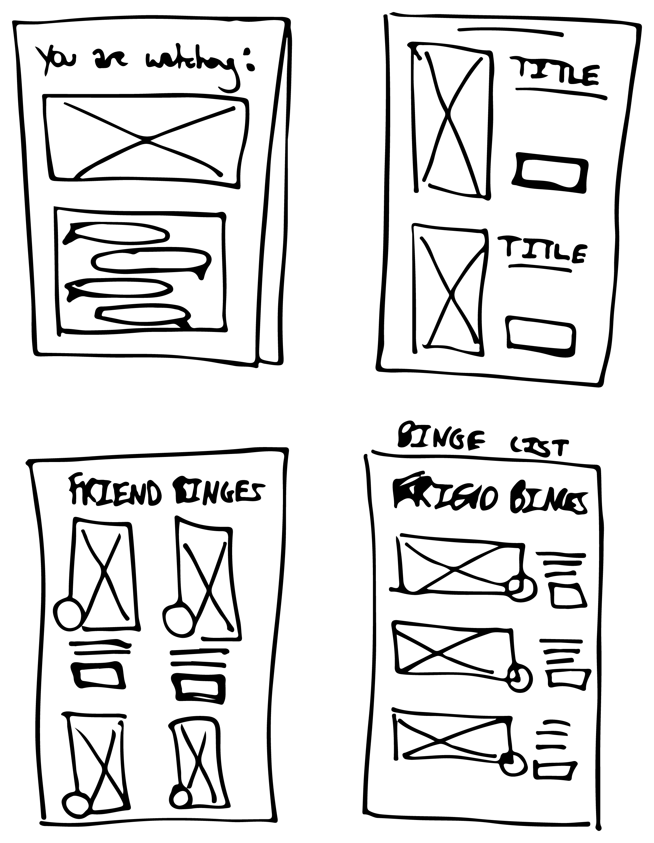 Sketch sheet with You are watching, title list, Friend Binges, and Binge List concepts