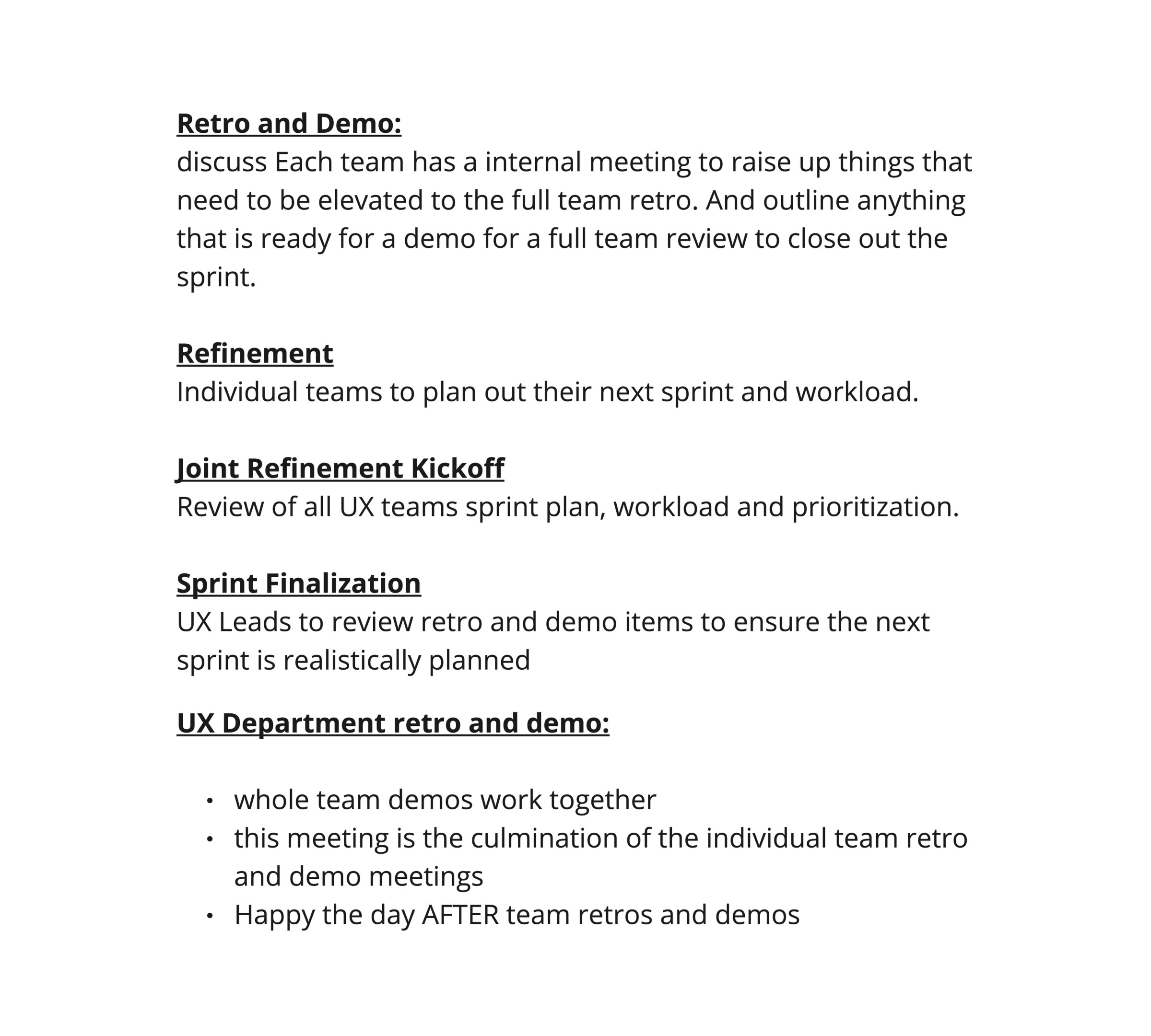 Ceremony definitions for Retro and Demo, Refinement, Joint Refinement Kickoff, Sprint Finalization, and UX Department Retro and Demo