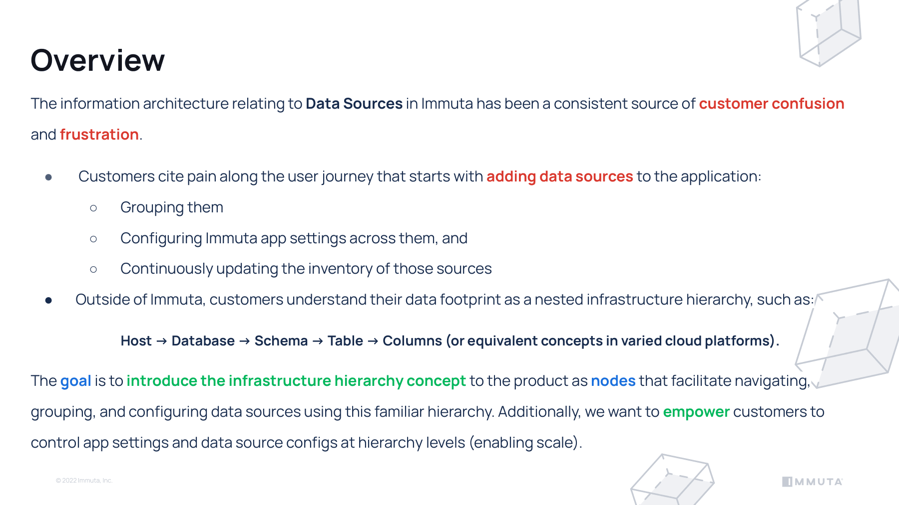 Research readout overview slide on customer confusion and frustration with Immuta data source information architecture