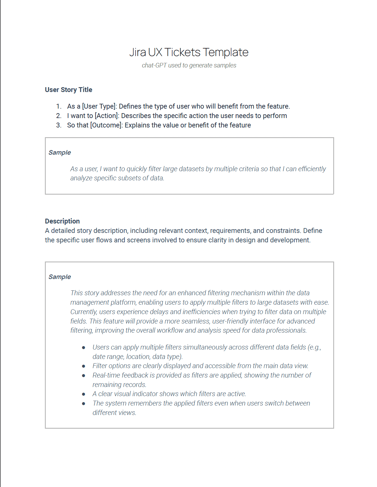 Jira UX Tickets Template showing structured user story fields