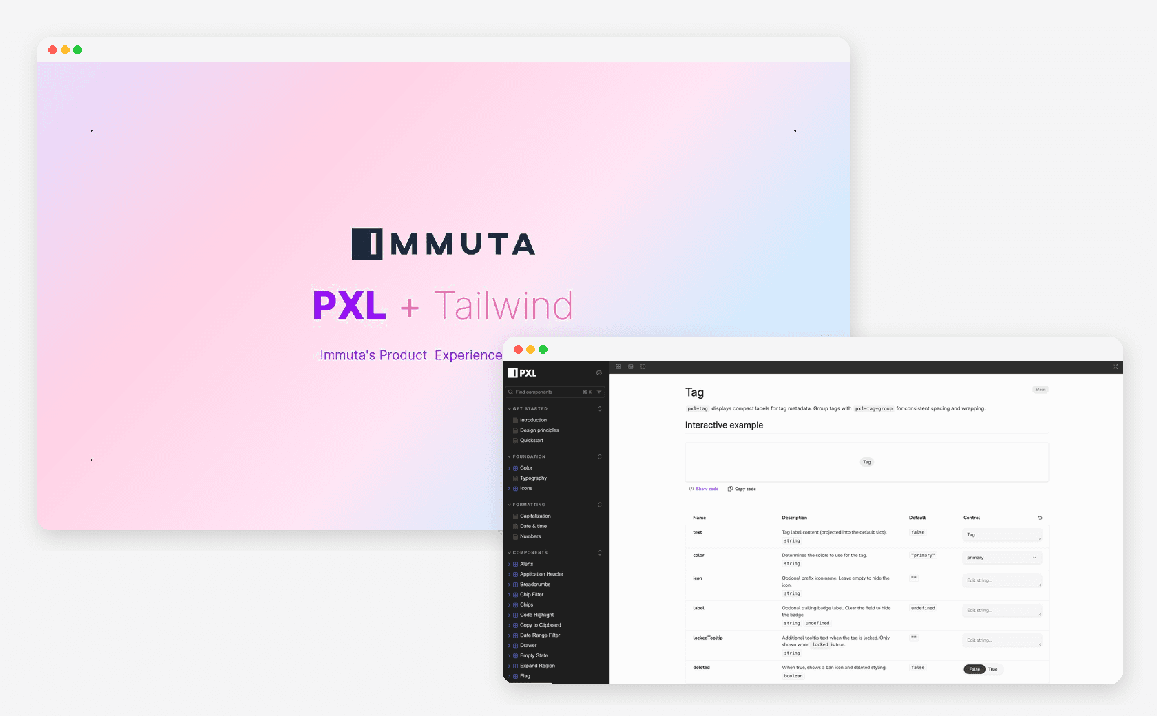 Overlapping browser windows showing Immuta PXL + Tailwind branding on a rainbow screen and Storybook Tag component documentation