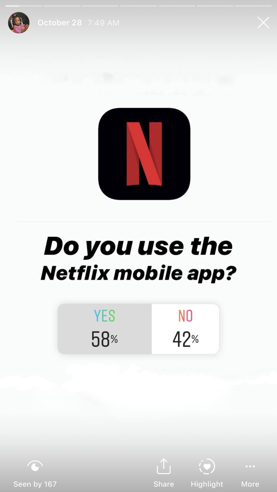 Instagram story poll asking Do you use the Netflix mobile app, with YES 58 percent and NO 42 percent