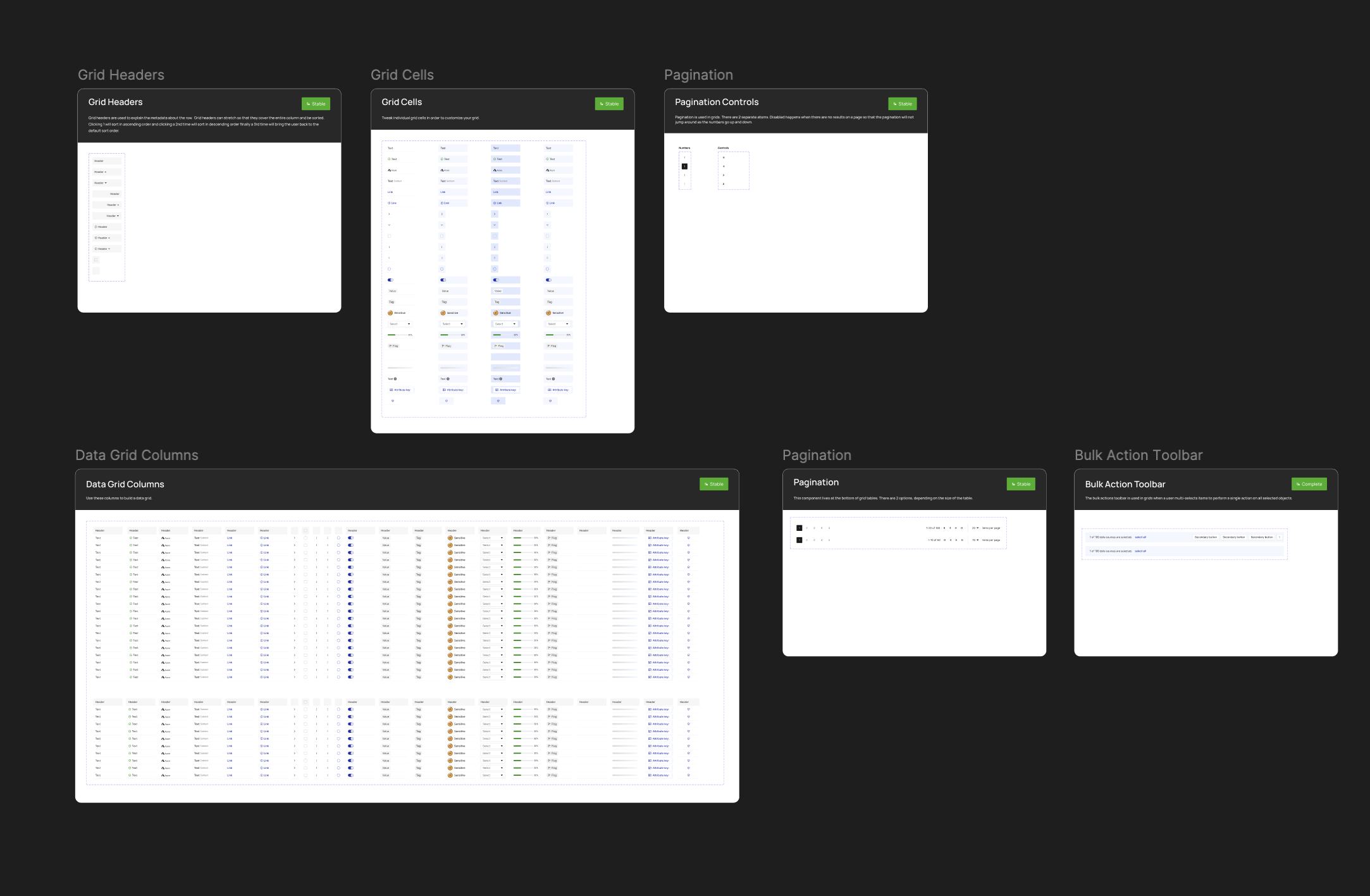PXL reusable data grid patterns: headers, cells, pagination, columns, and bulk actions