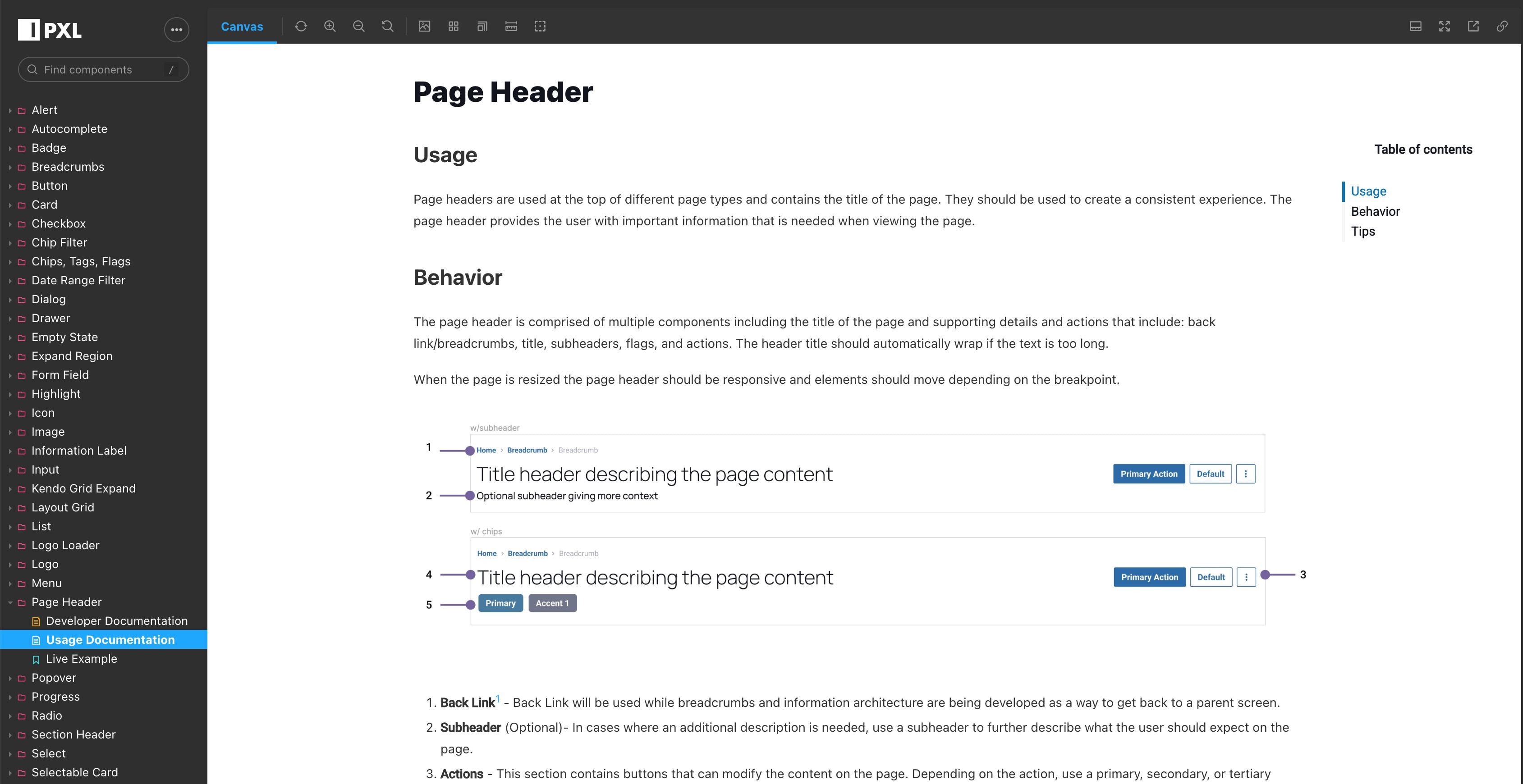 PXL Storybook documentation for the page header component, including usage and behavior