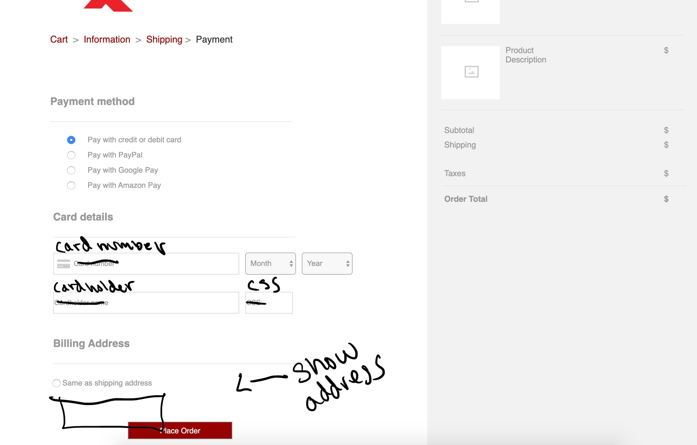 Iteration screen 3 — annotated wireframe from usability testing