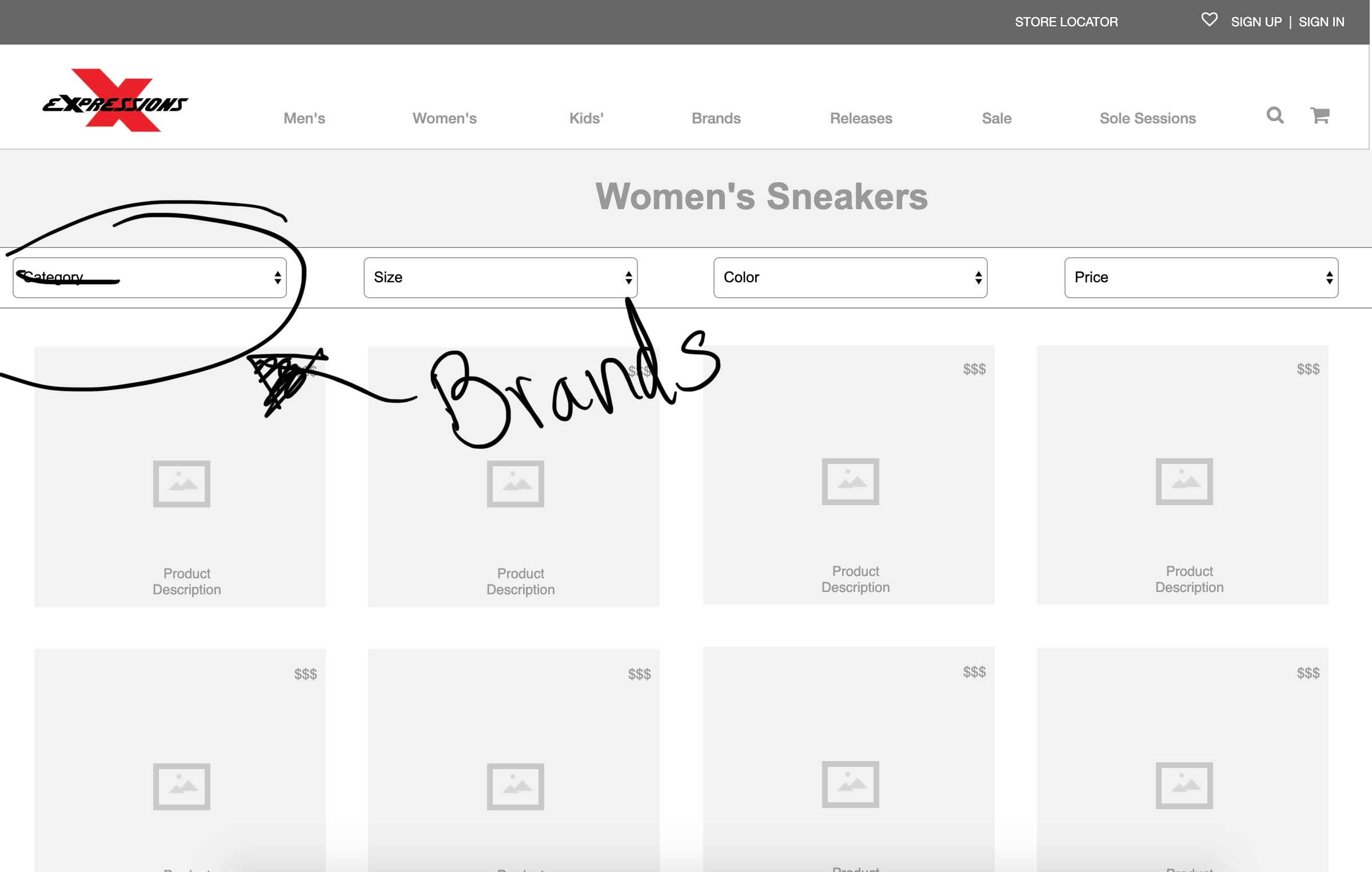 Iteration screen 6 — annotated wireframe from usability testing