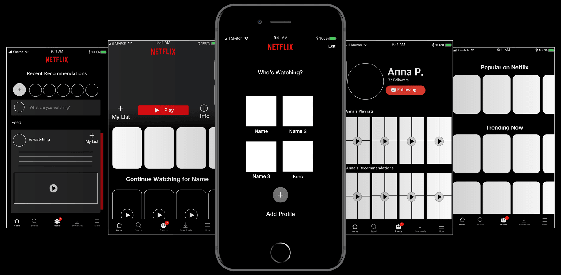 Wireframe phones for Recommendations, Home, Sign In, Profile, and Browsing