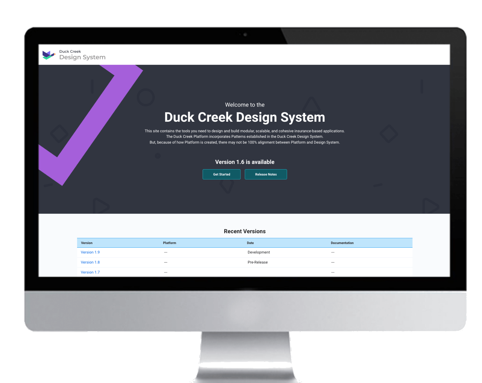 Duck Creek Design System welcome page showing the system overview and product navigation